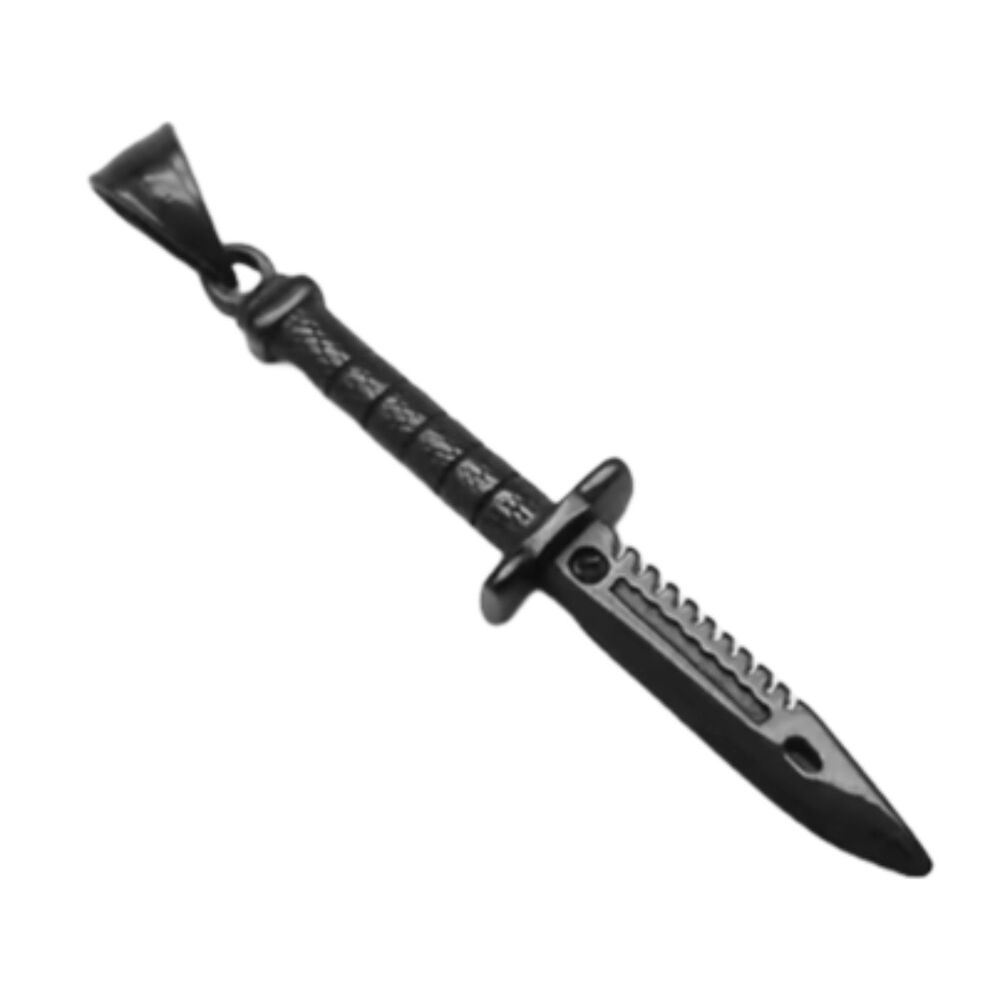 Stainless Steel Black Plated Dagger Knife Military Pendant 24 Inch Box Chain